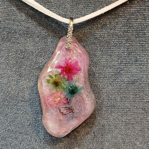 Handmade Pink Floral Resin Pendant Necklace